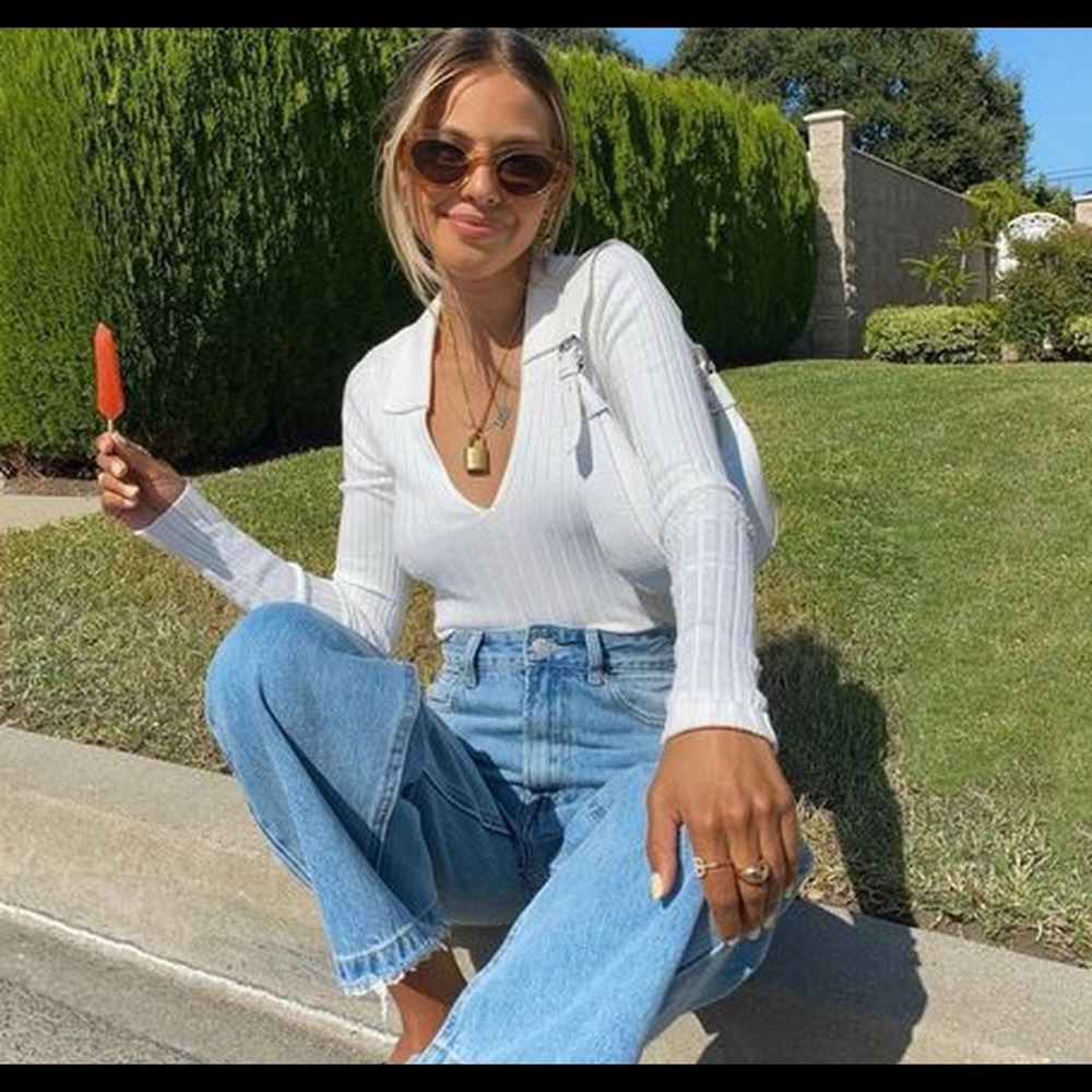 Glassons White Ribbed V Neck Cropped Long Sleeve